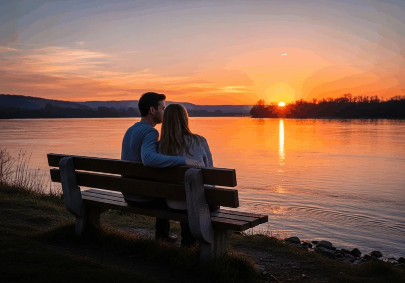 Cùng nhau ngắm hoàng hôn bên bờ sông, khoảnh khắc bình yên đôi lứa.