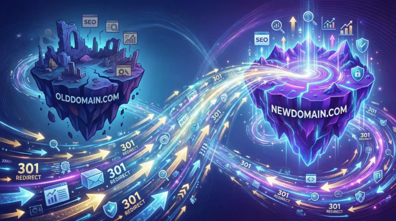 Cây cầu ánh sáng kết nối website cũ và mới, đảm bảo chuyển đổi liền mạch và an toàn với các biểu tượng SEO và mũi tên 301 Redirect. Hành trình nâng cấp website chưa bao giờ dễ dàng đến thế!