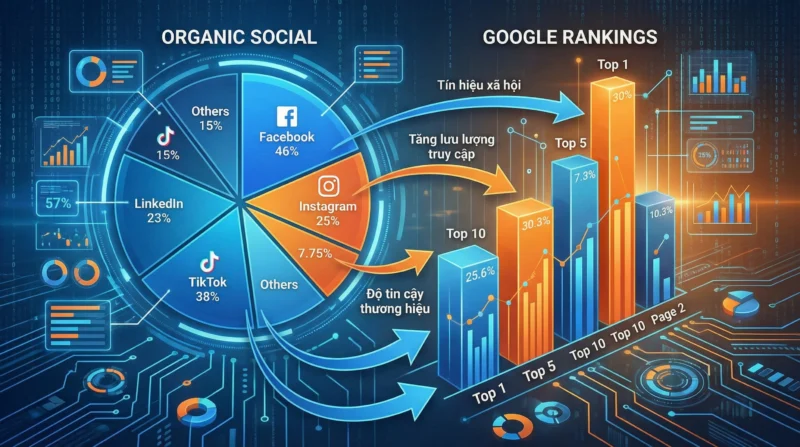 Biểu đồ trực quan hóa sự tương quan giữa hoạt động mạng xã hội và thứ hạng Google, cho thấy bức tranh tổng thể về hiệu quả tiếp thị kỹ thuật số.